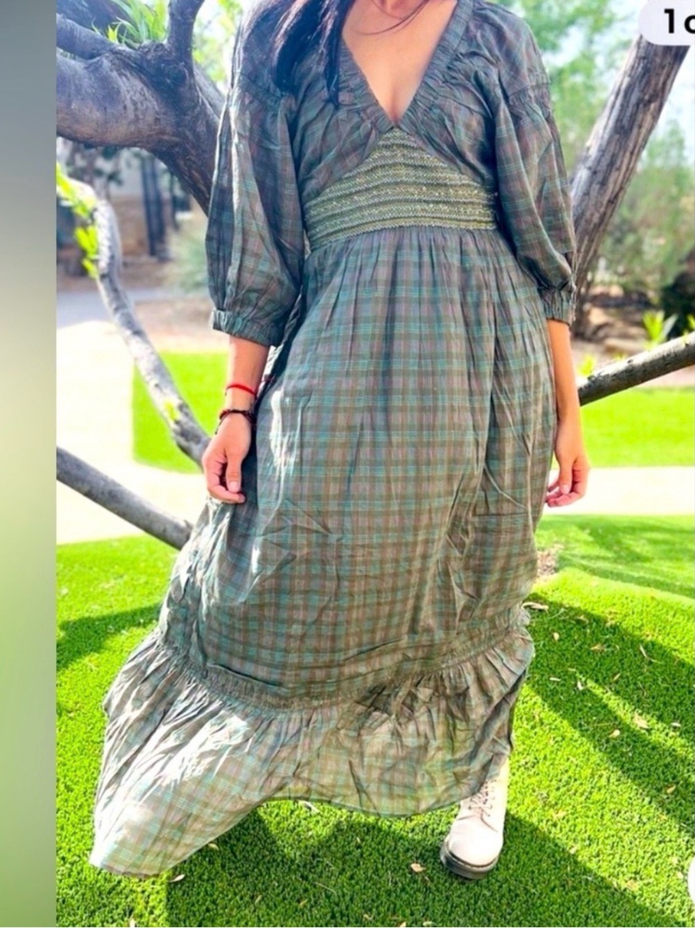 Free People Golden Hour Maxi Dress, Green/Pink Plaid, NWOT!